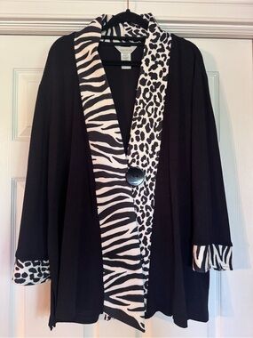 Multiples Black Open-Front Cardigan with Black-and-White Animal Print Trim